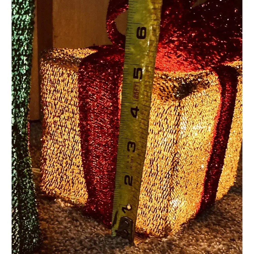 Three Mesh Collapsible Lighted Top Bows Wrapped Gifts Red, Grn Gold Christmas